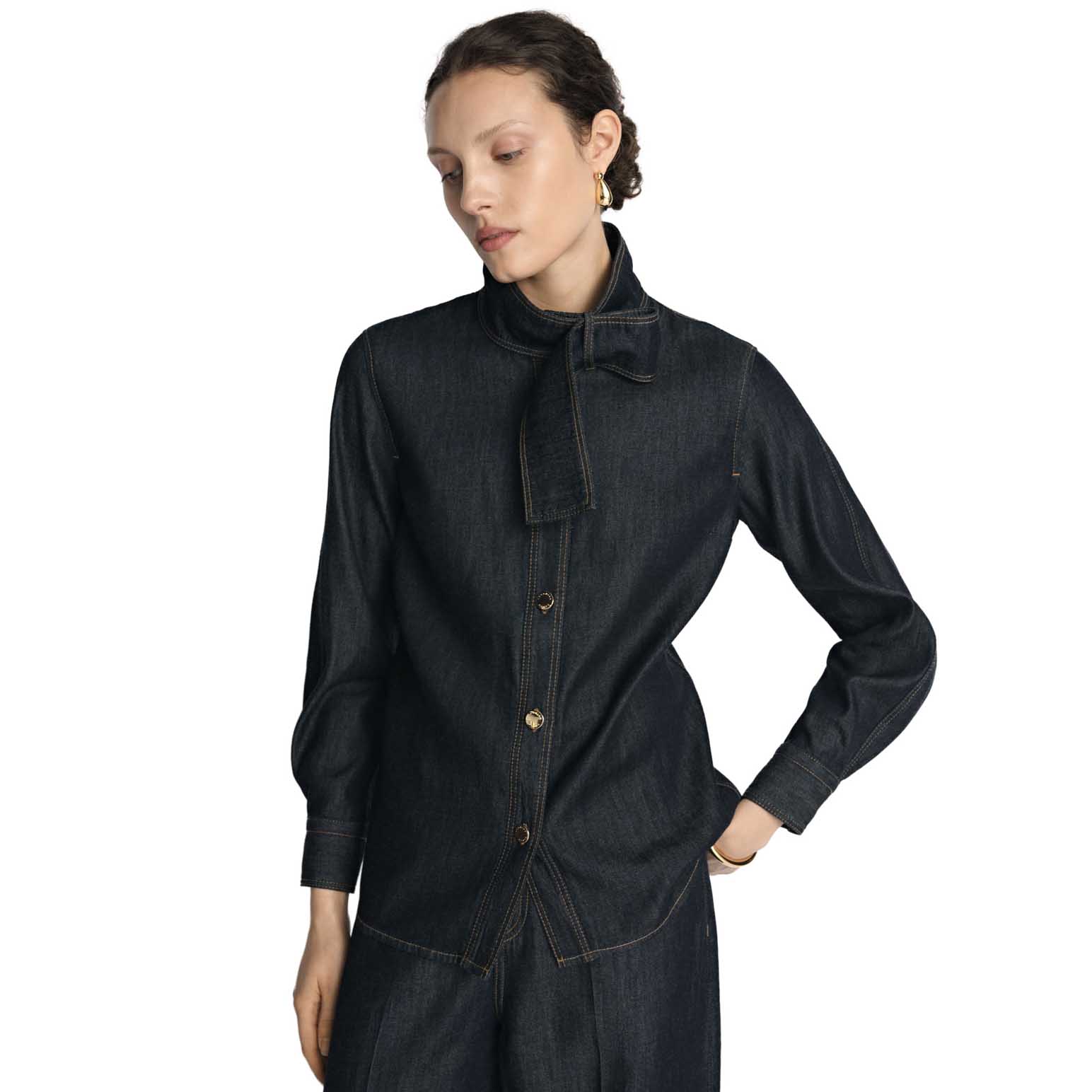 Veronika Maine Denim Tie Neck Shirt